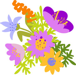 Cute cartoon bouquet of isolated botanical elements - trendy folk design in flat style. Minimalist style of modern art. Spring digital illustration