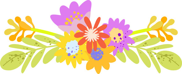 Cute cartoon bouquet of isolated botanical elements - trendy folk design in flat style. Minimalist style of modern art. Spring digital illustration