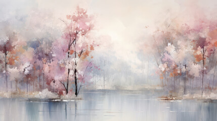Morning Mist: A Serene Watercolor Landscape Illustration of a Blooming Cherry Sakura Tree by the Misty River - obrazy, fototapety, plakaty