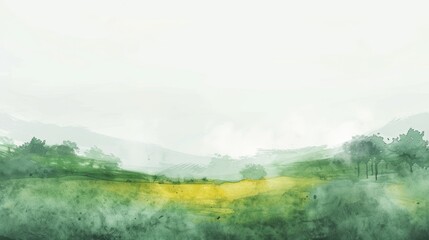 Obraz premium Watercolor Painting of a Green Field with Trees and Fog on a White Background