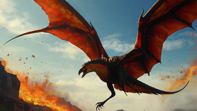 dinosaurs with flying fire wings abstract earlier animals flying above the sea abstract backgorund