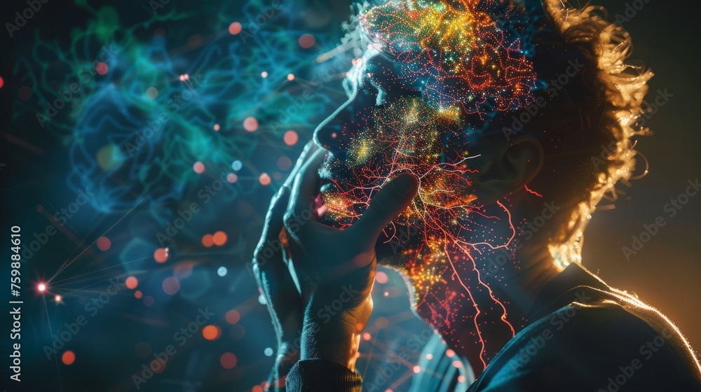 Poster brain and thinking in a human head. brain nervous system concept. deep learning, artificial intellig