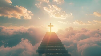 with the Christian cross,Stairway to heaven in heavenly concept.  Religion background.  Stairway to paradise in a spiritual concept.  Stairway to light in spiritual fantasy.  Path to the sky and cloud - obrazy, fototapety, plakaty
