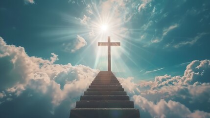 with the Christian cross,Stairway to heaven in heavenly concept.  Religion background.  Stairway to paradise in a spiritual concept.  Stairway to light in spiritual fantasy.  Path to the sky and cloud