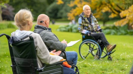 Wheelchair-bound man attending an outdoor seminar, embracing community support in navigating andropause