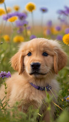 Happy Golden Retriever Puppy Sitting with Flowers in Grass