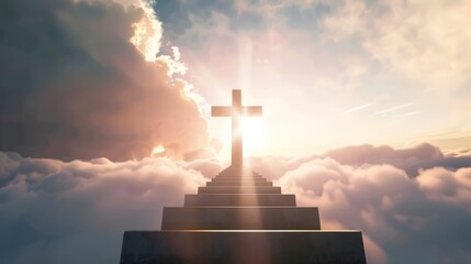 with the Christian cross,Stairway to heaven in heavenly concept.  Religion background.  Stairway to paradise in a spiritual concept.  Stairway to light in spiritual fantasy.  Path to the sky and cloud