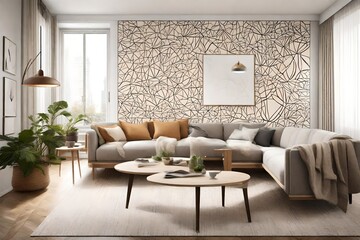 A cozy and well-lit living space with a wall mockup displaying abstract patterns.