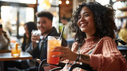 Smiling woman in a wheelchair enjoying a casual mocktail hour with friends, highlighting inclusive social experiences in diverse settings - obrazy, fototapety, plakaty