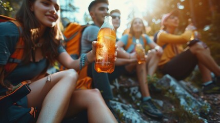 Young adventurers resting on a trail with eco-friendly beverages, reveling in the vibrant, earth-toned embrace of the wilderness