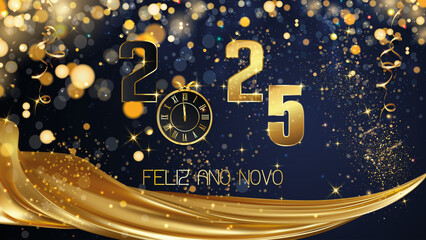 cartão ou banner para desejar um feliz ano novo 2025 em dourado sobre fundo azul com glitter e círculos em efeito bokeh, o 0 é substituído por um relógio e abaixo uma cortina dourada