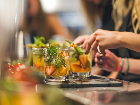 Focused hands elegantly garnishing mocktails with organic ingredients, emphasizing the trend of skillful, alcohol-free beverage preparation among youth