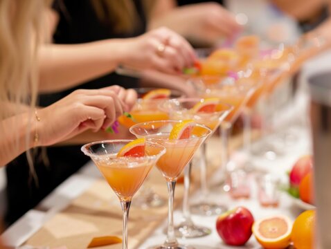 Focused young participants at a mocktail workshop, skillfully adorning alcohol-free beverages with fresh garnishes, showcasing refined tastes in a convivial atmosphere