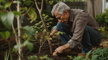 Fototapeta premium Middle-aged man tends to urban garden, merging personal growth with environmental stewardship during andropause