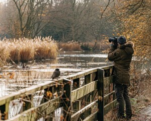 Serene Lakeside Birding: Adult Male with Telephoto Lens in Autumnal Setting. Amidst a crisp autumn ambiance, a man with a professional camera seeks the fleeting moments of avian life.