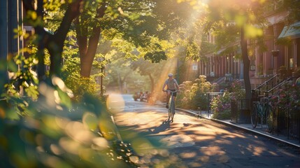 Biker enjoying a serene ride down a tree-lined street at sunset, embodying sustainable urban transport and peaceful living