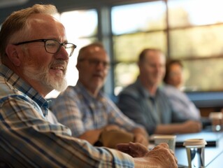 Cheerful senior man enjoys a seminar on eco-innovation, representing lifelong learning and curiosity during andropause
