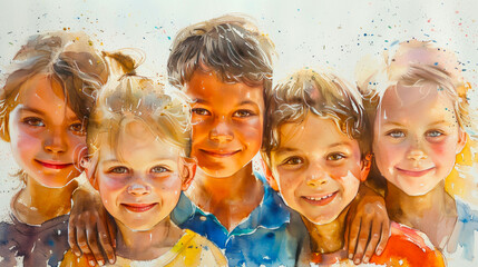 Group of happy children of different nationalities standing in an embrace. Watercolour painting - obrazy, fototapety, plakaty