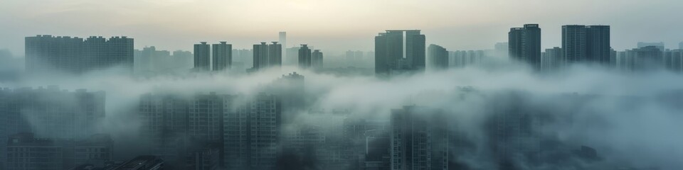 Foggy morning,  skyscrapers partially shrouded in mist,  creating a sense of mystery and adding an ethereal quality to the scene