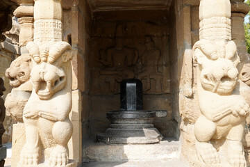 Shiva Lingam in Hindu Temple. Ancient sculpture in the small shrine of historic Kanchi...