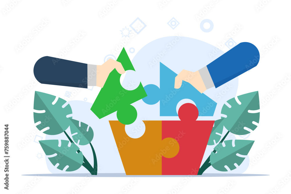 Fototapete concept of teamwork in business, setting up separate puzzle pieces. connect puzzle elements and look