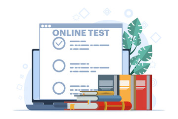 Testing or survey concept. Go through quiz checklist answers and success results abstract vector illustration. Online exam, questionnaire form, online education, survey metaphor. flat vector.