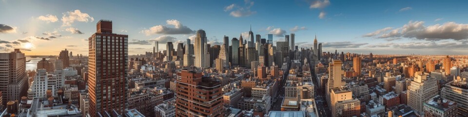 Rooftop panorama,  the expansive view from a nearby building,  showcasing the financial district against the broader city backdrop