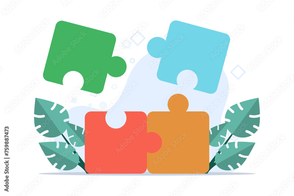 Poster concept of teamwork in business, setting up separate puzzle pieces. connect puzzle elements and look