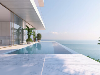 A modern luxury villa boasts a sleek design with a glistening infinity pool overlooking a serene ocean