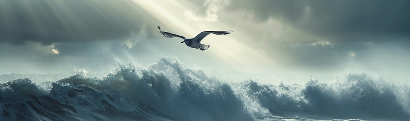 A seagull soars gracefully above the stormy sea, with rays of sunlight breaking through the dark clouds - obrazy, fototapety, plakaty
