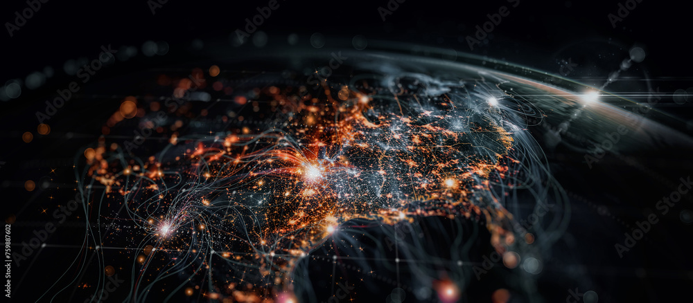 Fototapete Global web of devices analyzing data through a central AI core.swirling vortex data flowing across futuristic world,glowing nodes abstract lines representing connections,network harnesses big data 