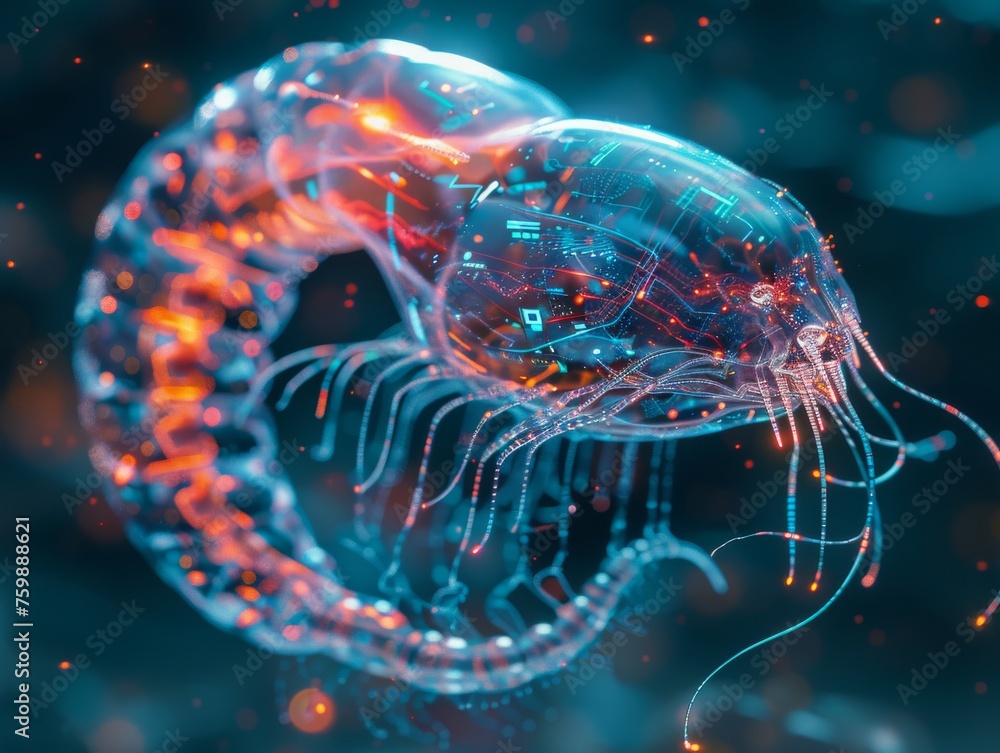 Poster synthetic creature, sleek interface, highly intelligent ai, inside a laboratory, amidst a stormy wea