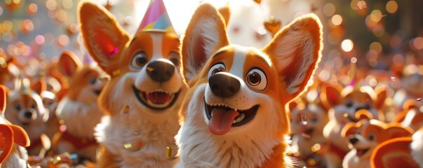 Corgi, party hat, internet sensation, posing for a selfie with a crowd of admirers, sunny day, 3D render, golden hour lighting, bokeh effect., High-angle view