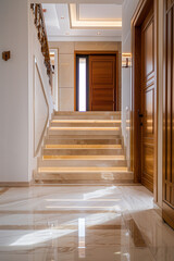 Design of stairs in a rich country house. Wooden staircase and marble floor. High quality photo