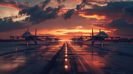 Military Might Bathed in Reflective Sunset - obrazy, fototapety, plakaty