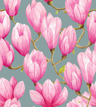 Seamless watercolor pattern with pink magnolias