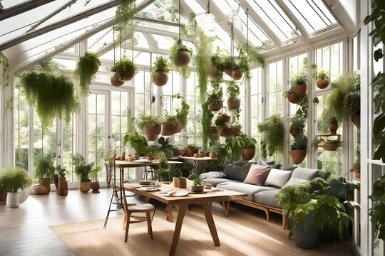 A botanical-inspired wall interior in a conservatory, filled with lush greenery and hanging planters, bringing the outdoors inside.