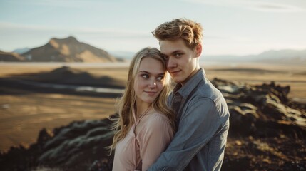 A young couple embracing, with soft focus on a picturesque background, conveying themes of love and adventure.