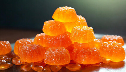 Pile of different orange jelly candies. Sweet treat. - obrazy, fototapety, plakaty