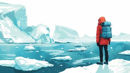 Explorer overlooking blue icebergs in a glacial lagoon, invoking themes of climate change and adventure.