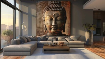 Buddha artwork in a modern living room, blending spirituality with contemporary interior design. Suitable for home decor themes.