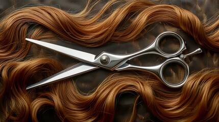 Sleek scissors rest on lock of hair symbolizing style and precision. The artistry of hair design