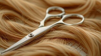 Sleek scissors rest on lock of hair symbolizing style and precision. The artistry of hair design