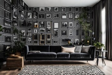A high-contrast, monochromatic living area with bold patterns and a wall mockup featuring a series...