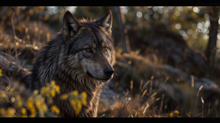  A lone wolf stands in a field of tall grass and small yellow flowers