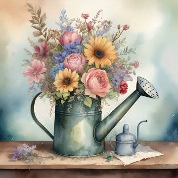 Bouquet of flowers in a watering can. Watercolor decorative wallpaper.