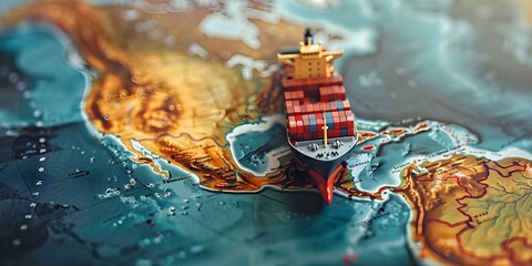 Globalization concept Miniature container ship on world map with copy space. Concept Globalization, Miniature Ship, World Map, Container, Copy Space - obrazy, fototapety, plakaty