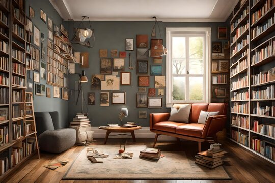 A Cozy Reading Nook Featuring An Empty Solid Wall, Inviting Creativity And Personalization With Literary-themed Artwork.