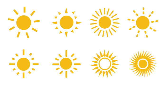 Yellow sun icon set, sunshine and solar glow, sunrise or sunset. Decorative circle full and half sun and sunlight. Hot solar energy for tan. Vector sign, eps10