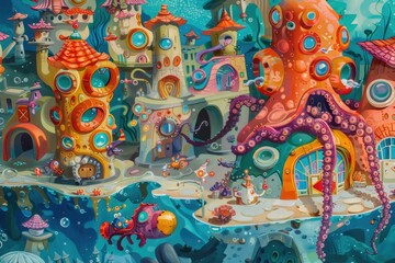 Octopus cartoon with castle underwater. - obrazy, fototapety, plakaty